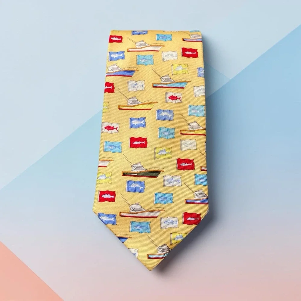 Fishing Boat Sportfishing Flags Necktie Yellow Silk Novelty Coastal Cruise